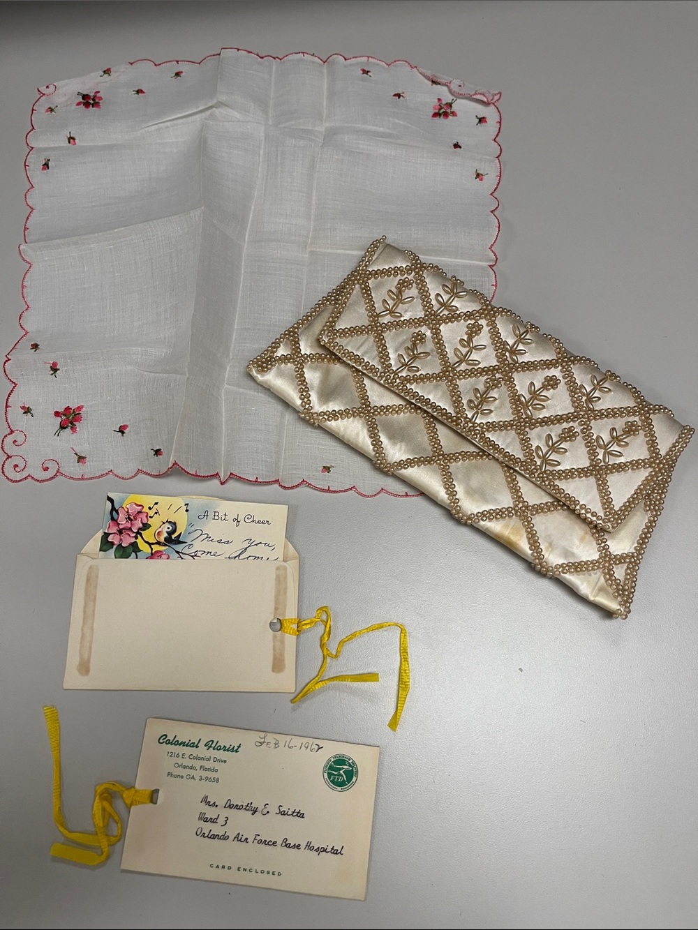 Bags By Garay Embellished Cream Satin Beaded Clutch & extras